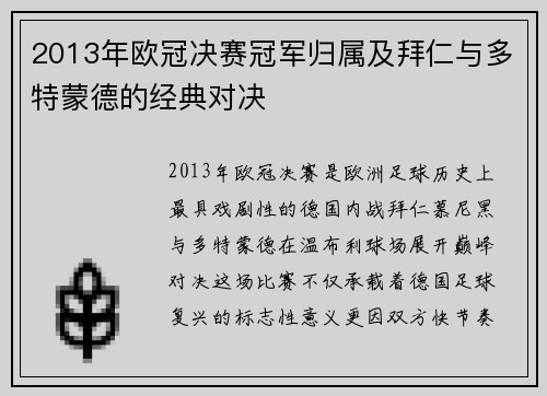 2013年欧冠决赛冠军归属及拜仁与多特蒙德的经典对决